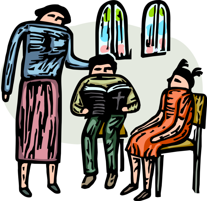 Vector Illustration of Religious Instruction, Teacher with Students, Sunday School