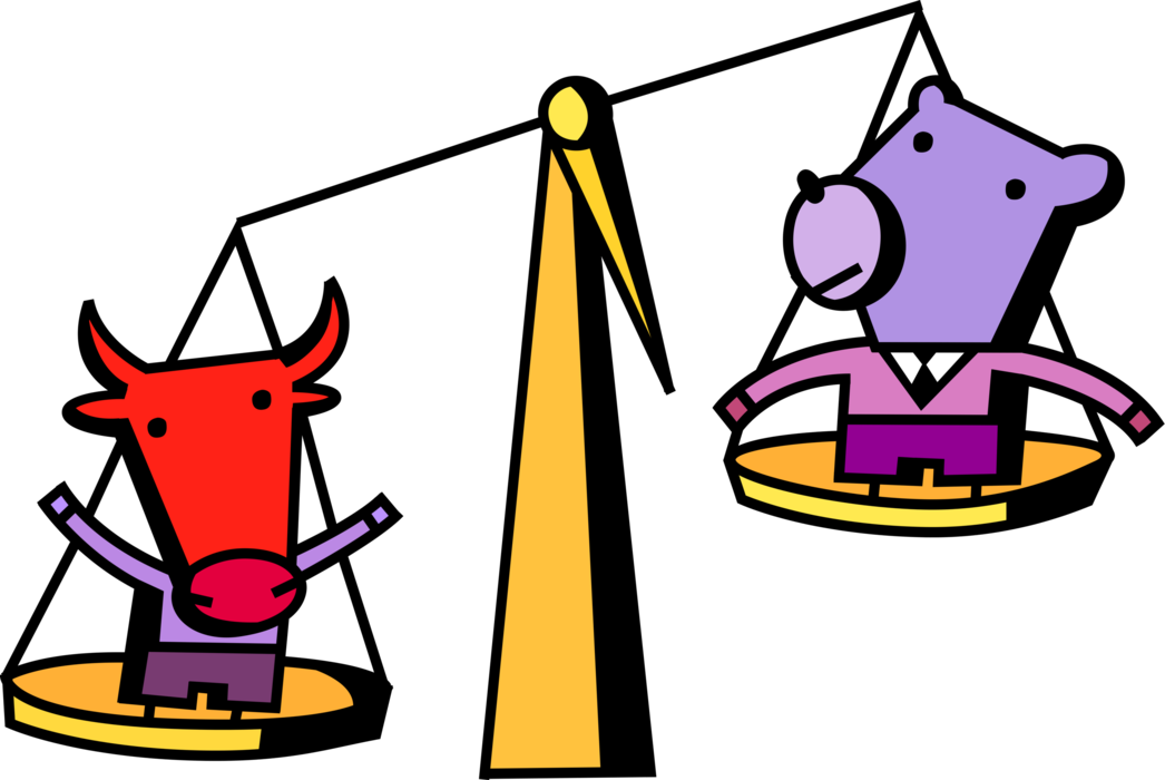 Vector Illustration of Financial Stock Market Bear and Bull Market on Weigh Scales