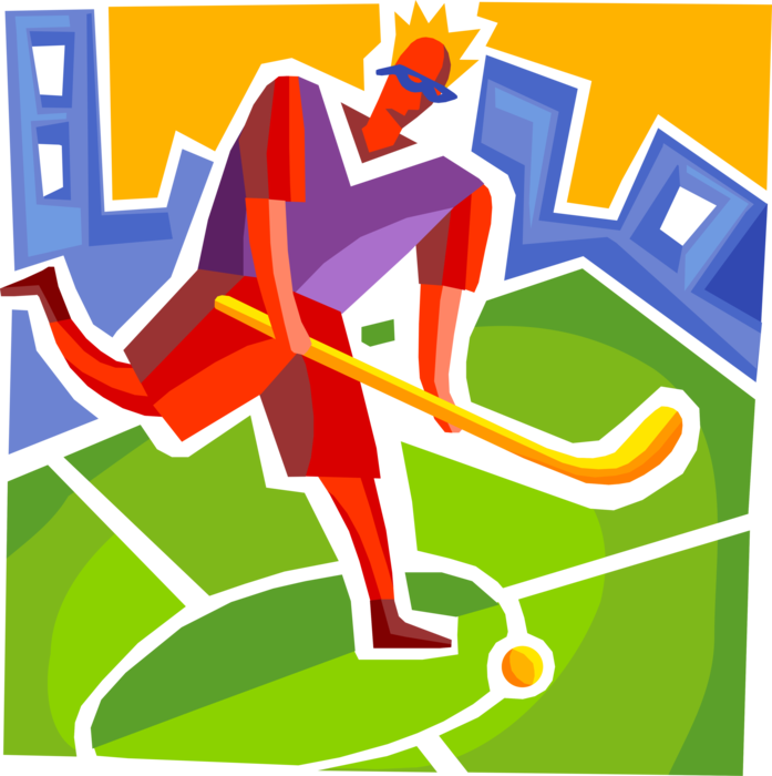 Vector Illustration of Ball Hockey Player Shoots Ball with Stick on Grass Field