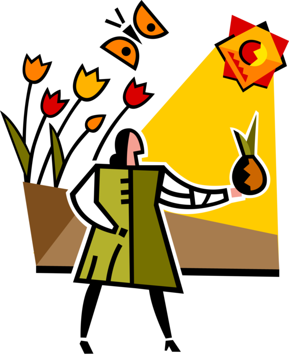 Vector Illustration of Gardener with Plant Bulb that Produces Flower Blooms in Garden with Sunshine