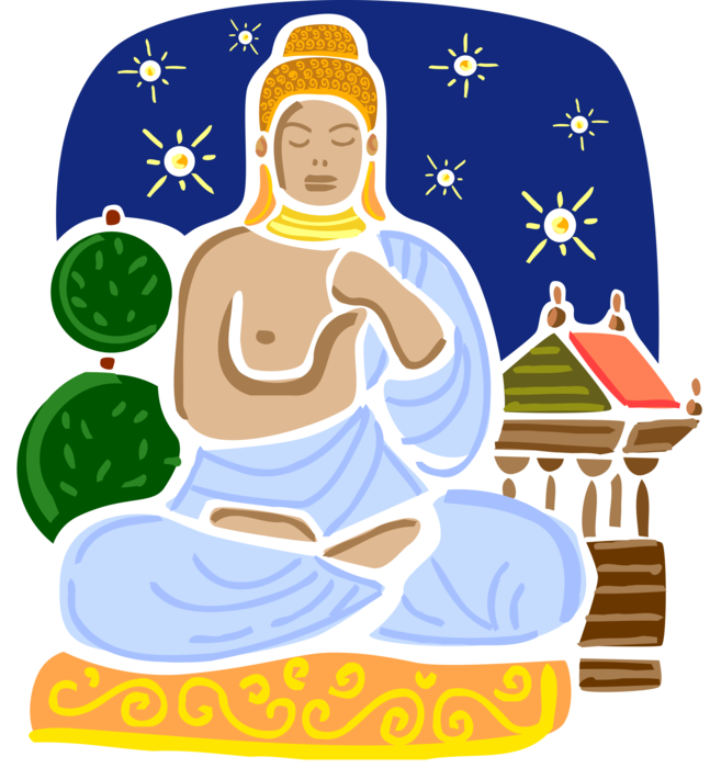Vector Illustration of Buddhist Meditating Buddha Statue with Shrine Temple