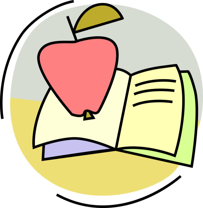 Vector Illustration of Open Schoolbook Textbook Book with Apple for Teacher