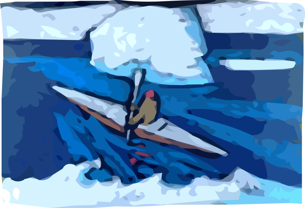 Vector Illustration of Arctic Indigenous Peoples Inuit Eskimo Kayaker Hunts Seals with Kayak in Water Amid Ice Flows