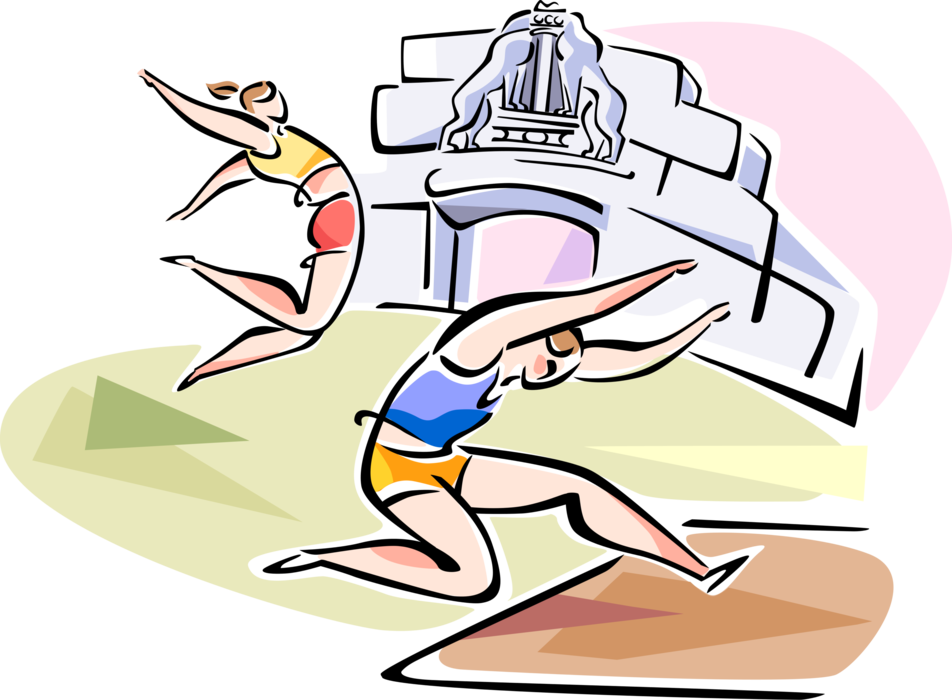 Vector Illustration of Track and Field Long Jumpers Jump in Competitive Track Meet