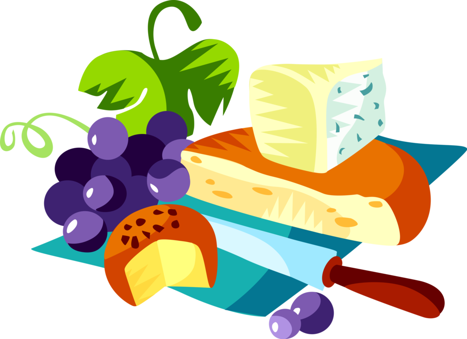 Vector Illustration of European Cuisine French Cheese and Fruit Grapes with Knife on Cutting Board