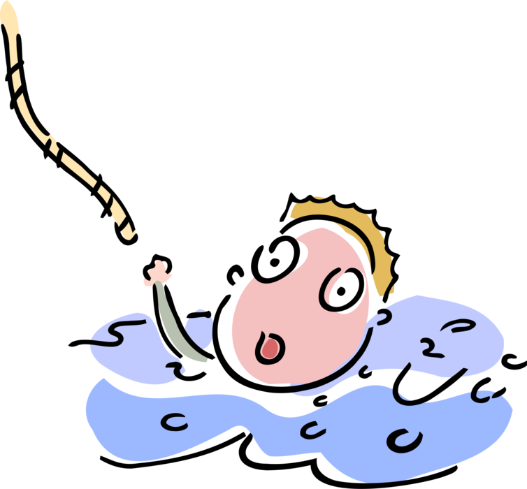 Vector Illustration of Drowning Businessman in Water Screams for Rescue During Crisis and Reaches for Salvation Rope