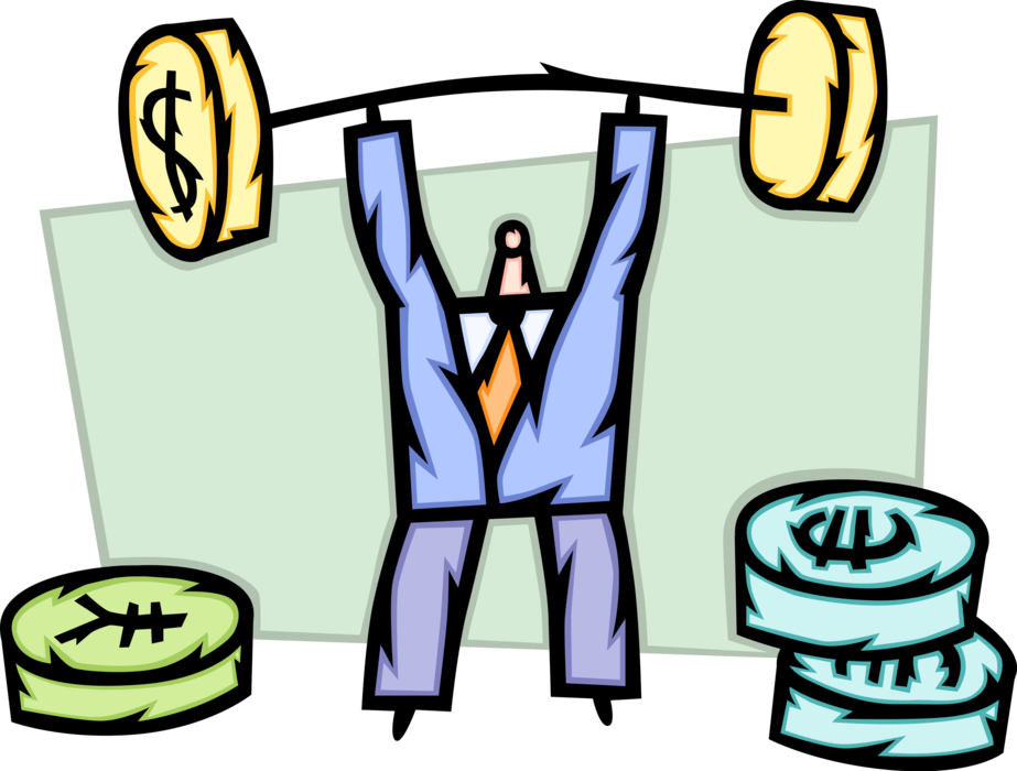 Vector Illustration of Businessman Strongman Weightlifter Lifts Dollar Money Barbell Weight 