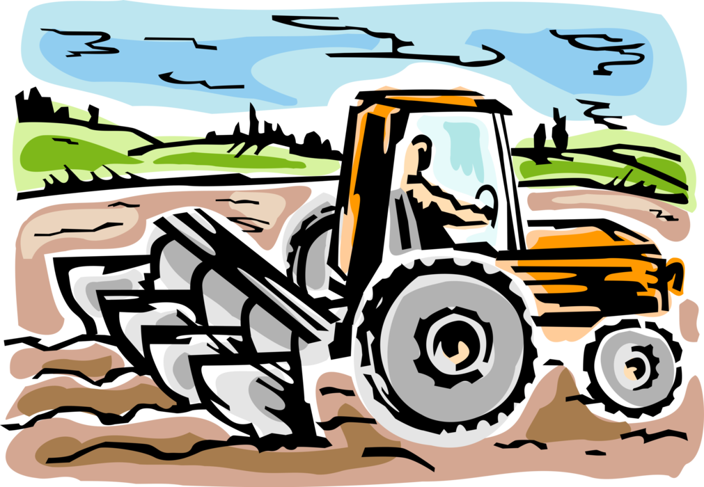 Vector Illustration of Farmer Ploughs Farm Field and Plants Crops with Farming Equipment Tractor