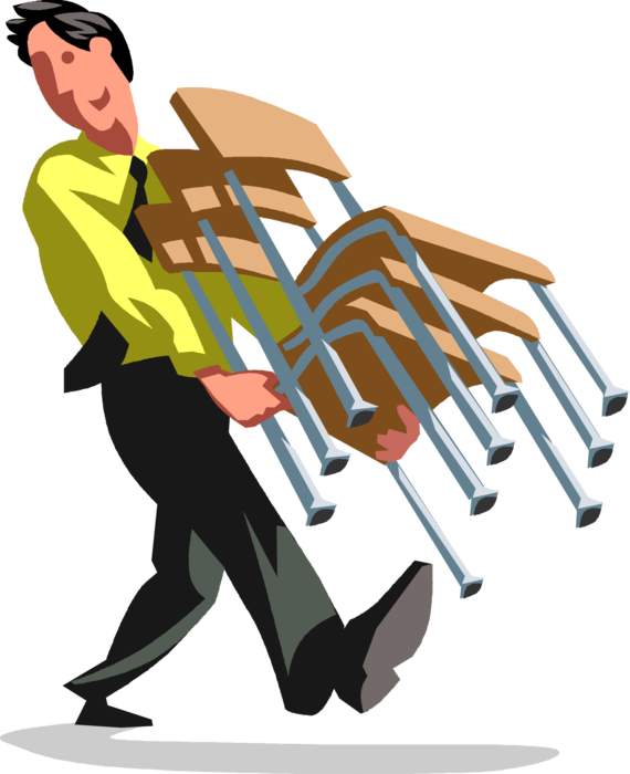 Vector Illustration of Active Workhorse Businessman Carries Chair Seats for Audience Members