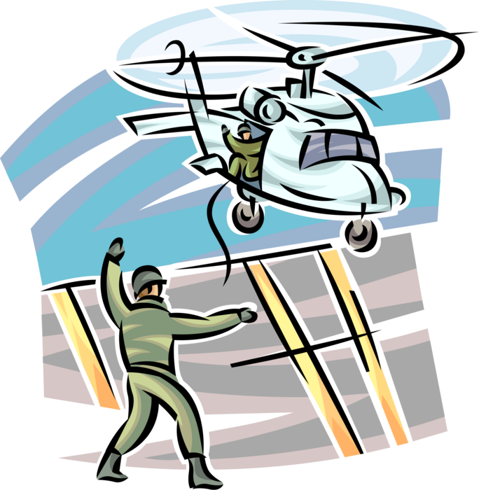 Vector Illustration of United States Navy Seals Rappel on Ropes from Helicopter Special Operations Landing Zone