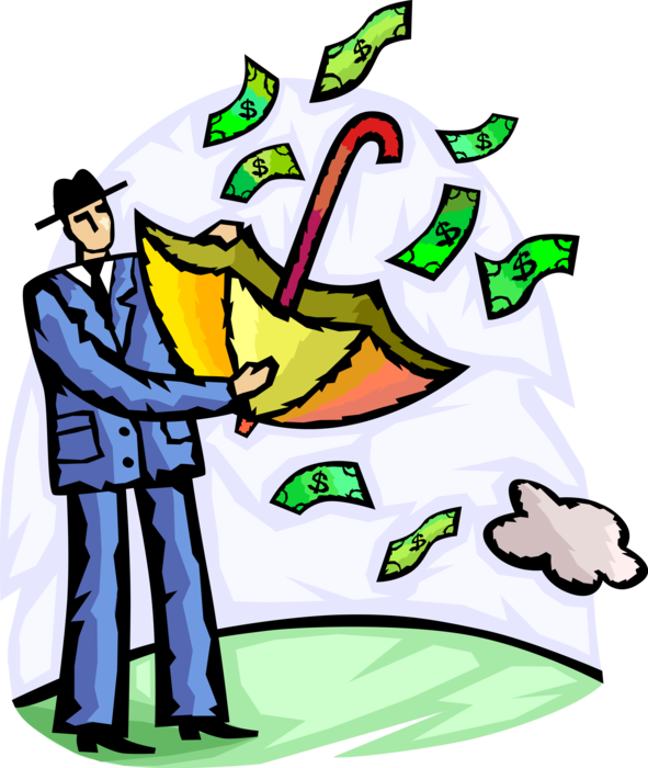Vector Illustration of Businessman Capitalizes on Windfall Profits Catching Cash Money Dollars with Umbrella