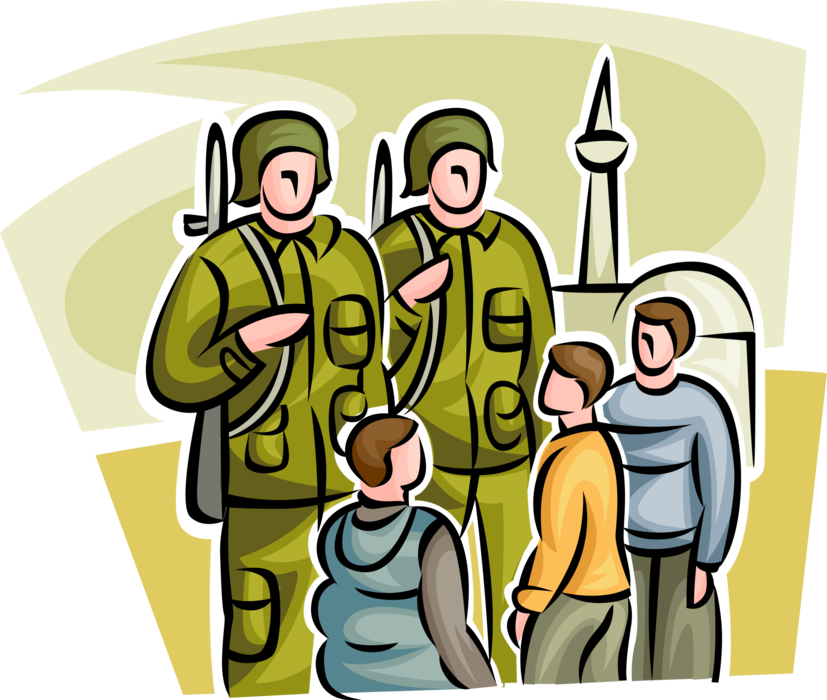 Vector Illustration of Peacekeeping Military Soldiers Engage in Developing Community Relations with Children in War Zone