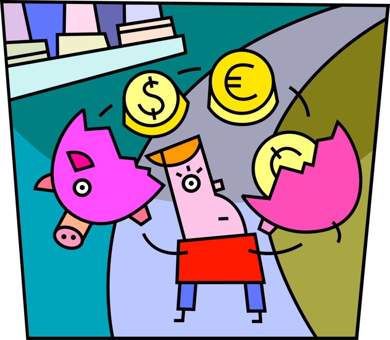 Vector Illustration of Businessman Breaks Savings Piggy Bank for Financial Gain and Investment in Foreign Currency Markets
