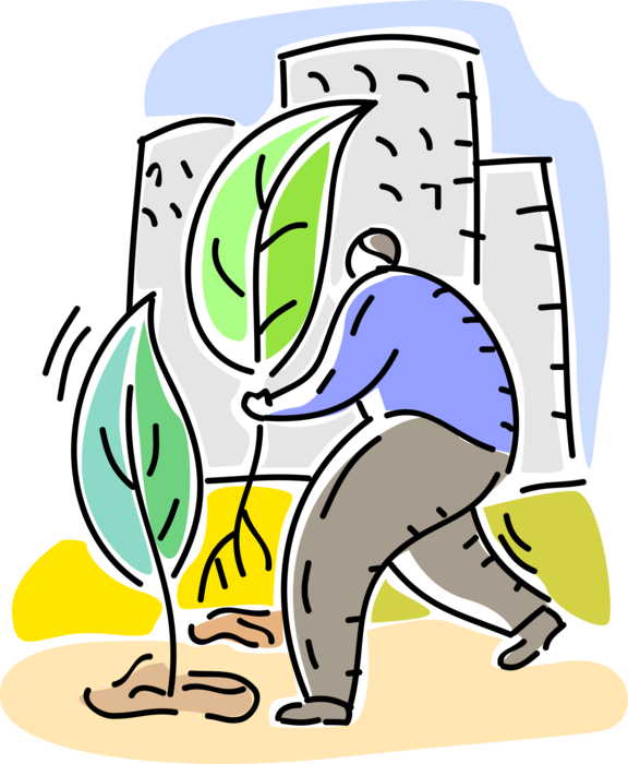 Vector Illustration of Environmentalist Gardener Plants Trees in Urban Environment