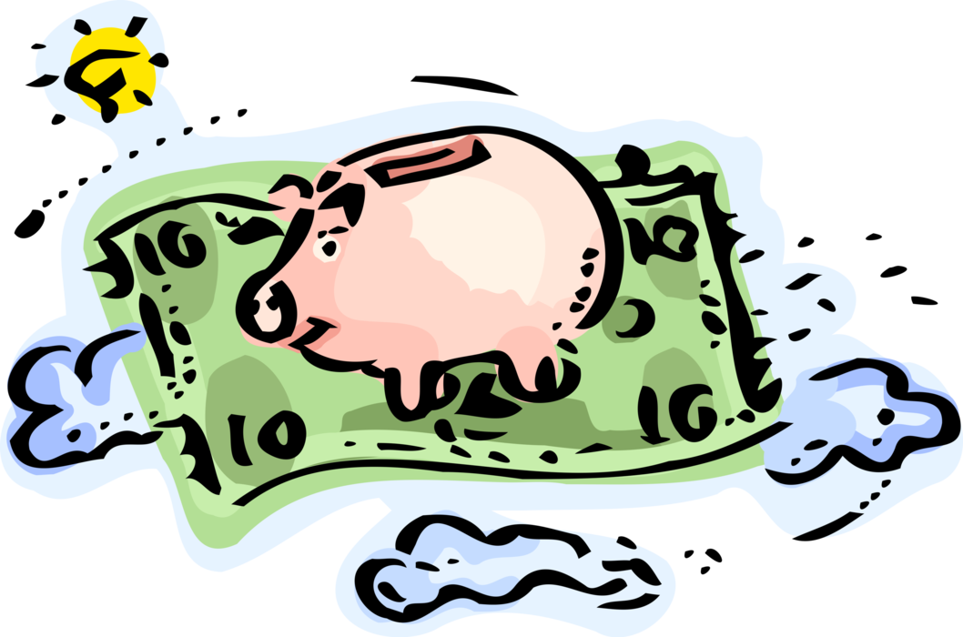 Vector Illustration of Personal Savings Piggy Bank Flies on Legendary Flying Magic Carpet in Blue Sky Above Clouds