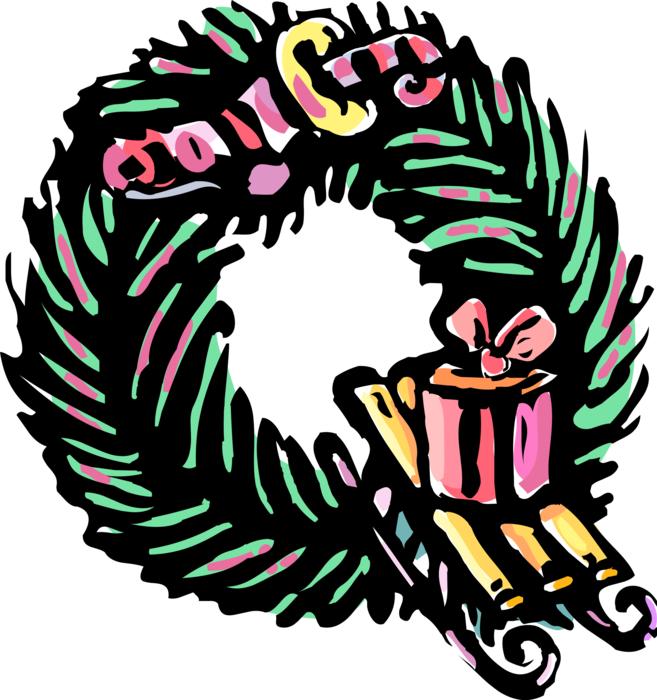 Vector Illustration of Christmas Holiday Season Evergreen Branch Festive Alphabet Letter Q with Sleigh, Present Gift