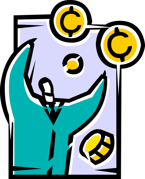 Vector Illustration of Businessman Celebrates Corporate Financial Success with Cash Money Coins