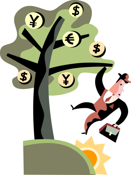 Vector Illustration of Businessman Climbs International Currency Investment Financial Money Tree