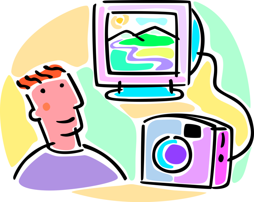 Vector Illustration of Digital Photography Camera Connected to Computer for Photograph Transfer with Monitor Screen