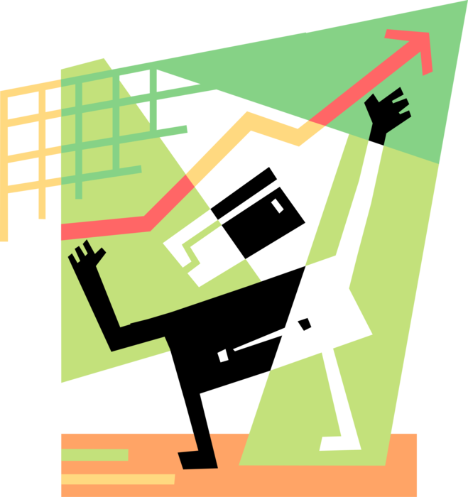 Vector Illustration of Businessman Sales Manager Sets Business Revenue Goals with Infographic Chart Growth Arrow