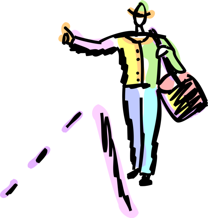Vector Illustration of Hitchhiker Hitchhiking, Thumbing, or Hitching Free Transportation Ride on Highway Roadway
