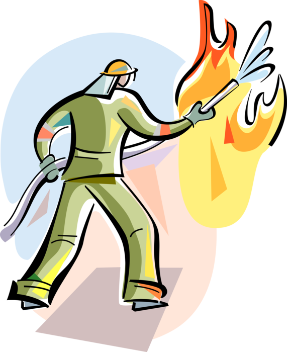 Vector Illustration of Firefighter Fireman Puts Out Fire with Fire Hose and Water
