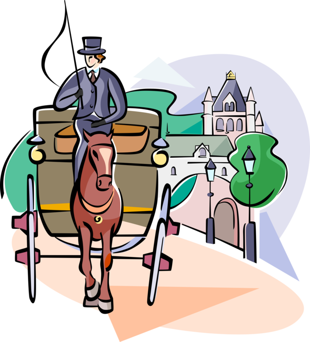 Vector Illustration of Horse and Buggy Horse-Drawn Carriage with Coachman Driver