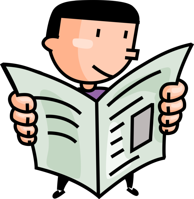Vector Illustration of Youthful Junior Executive Businessman Reads Newspaper Containing News, Articles, and Advertising