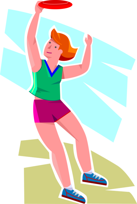Vector Illustration of Young Girl Jumps in Air Playing with Flying Disk Frisbee Outdoors