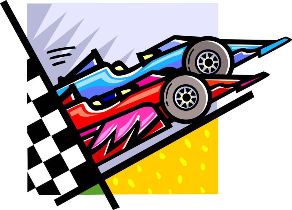Vector Illustration of Formula One Motorsports Race Cars Racing on Track with Checkered or Chequered Flag