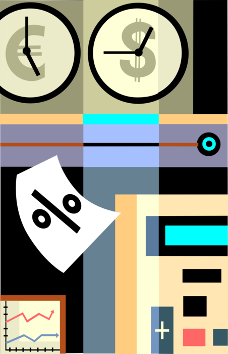 Vector Illustration of International Financial Markets with Euro and Dollar Time Zone Clocks