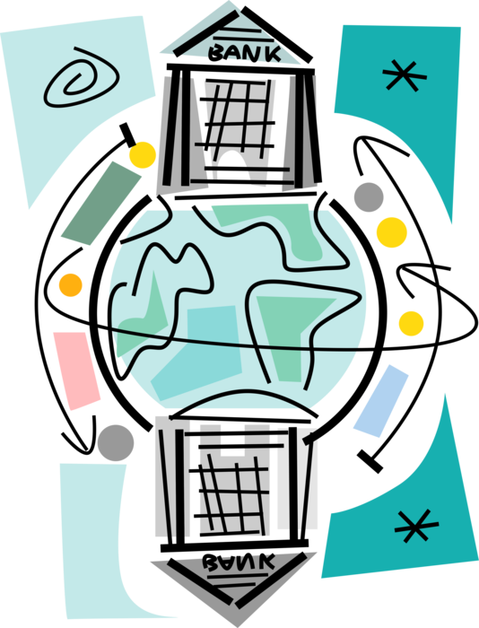 Vector Illustration of International Global Banking and Finance Banks with Planet Earth World