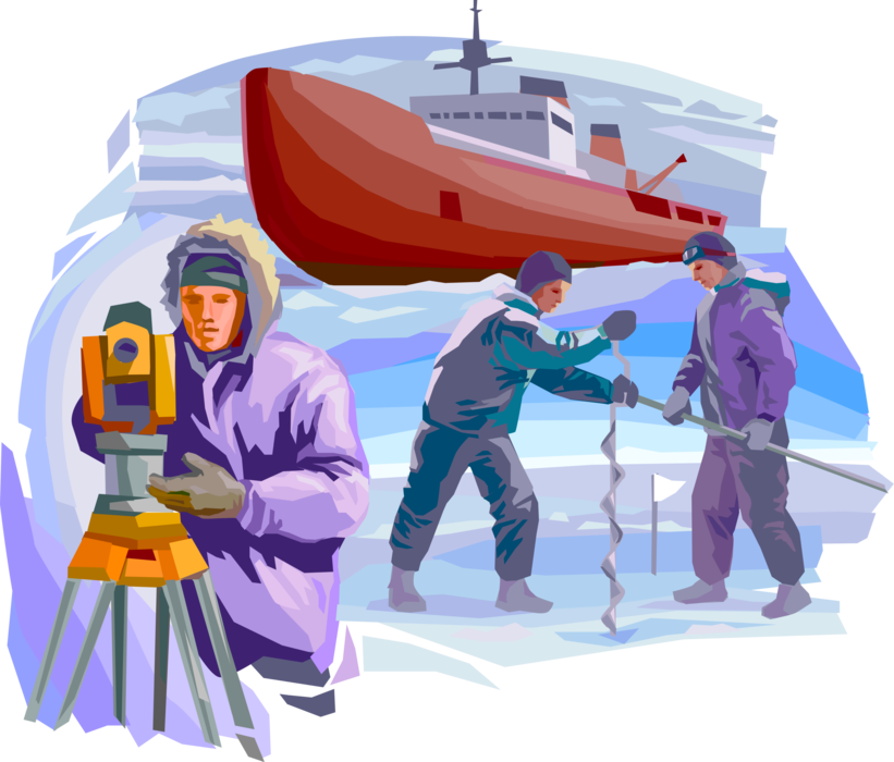 Vector Illustration of Antarctic Scientific Research Scientists Study Effects of Climate Change on Ice and Snow