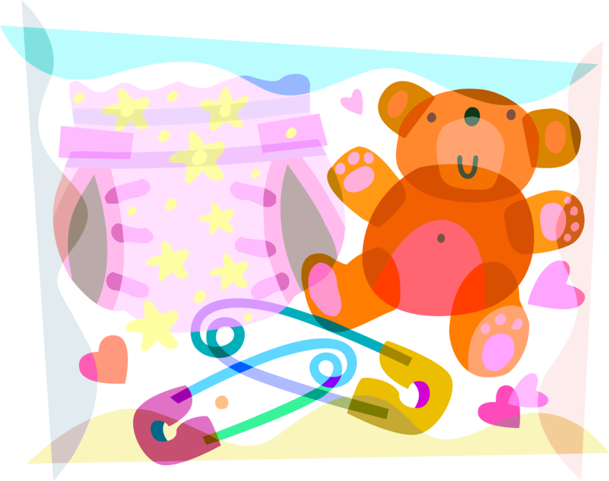 Vector Illustration of Newborn Infant Baby Diaper Nappy with Safety Pins and Stuffed Animal Teddy Bear