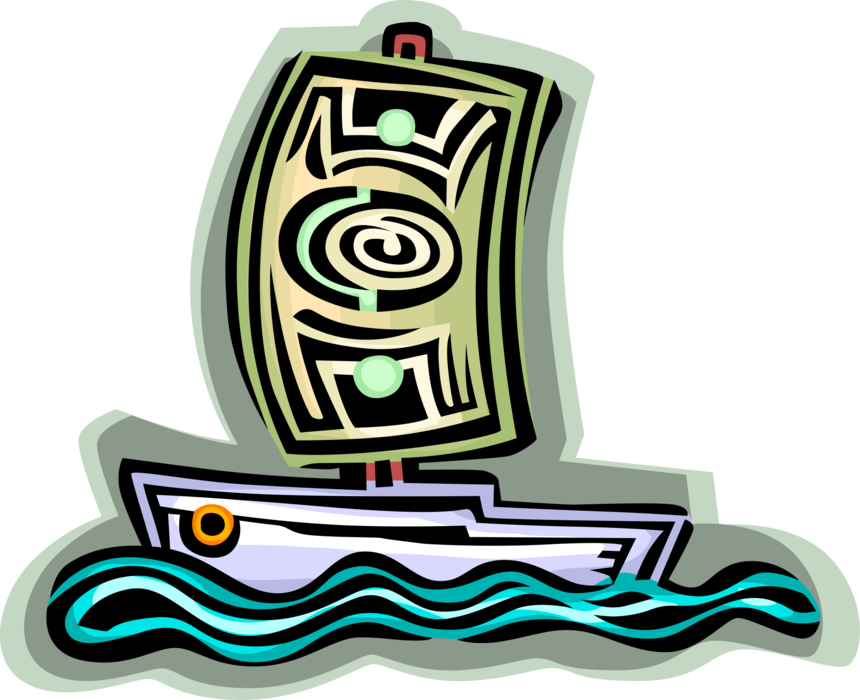 Vector Illustration of Financial Ship Sailing on Ocean Waves with Cash Money Dollar Sails