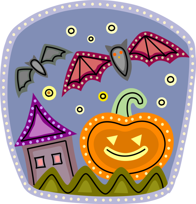 Vector Illustration of Halloween Jack-o'-Lantern Carved Pumpkin with Vampire Bats and Haunted House