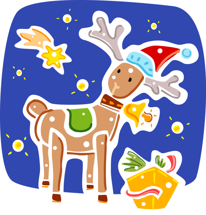 Vector Illustration of Santa Claus Christmas Reindeer with Present Gifts and Shooting Star