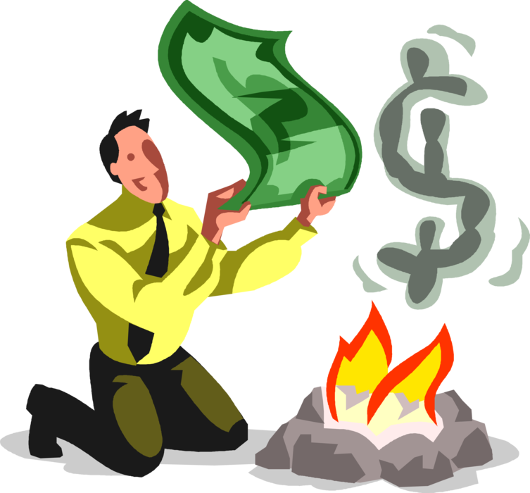 Vector Illustration of Businessman Fans the Flames Sending Financial Cash Dollar Money Smoke Signals
