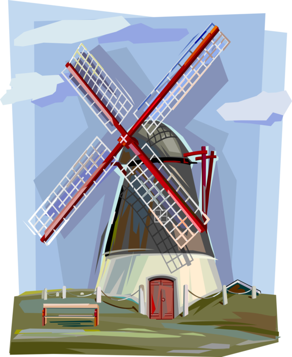Vector Illustration of Netherlands Dutch Windmill Convert Wind Energy into Rotational Energy