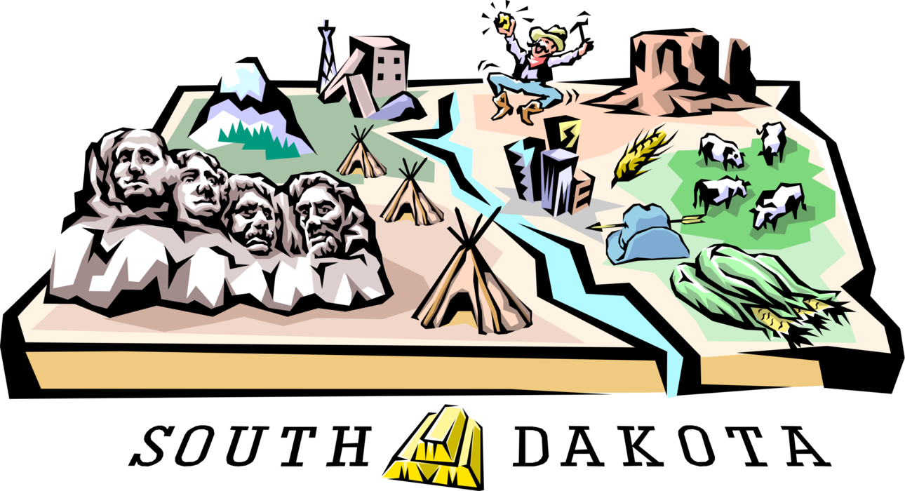 Vector Illustration of State of South Dakota Vignette Map with Tourism Infographic Icons, United States of America