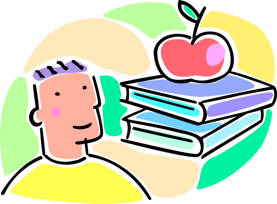 Vector Illustration of School Student with Schoolbook Textbooks and Apple for Teacher