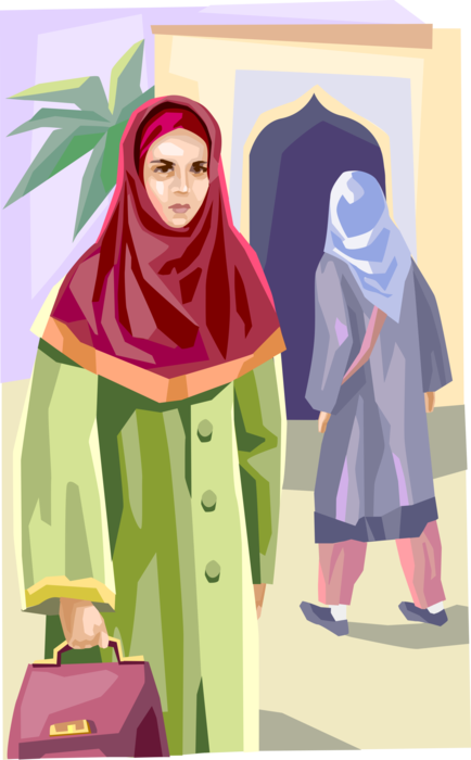 Vector Illustration of Middle Eastern Islamic Muslim Arab Woman Wears Hijab Veil in Public