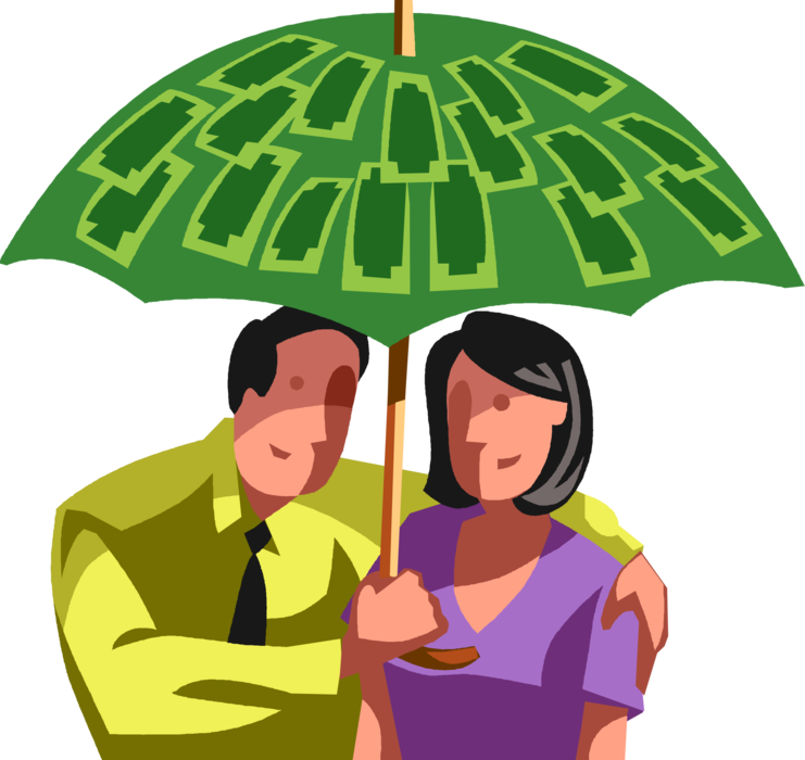Vector Illustration of Business Colleagues with Financial Risk Insurance Cash Money Dollar Umbrella Protection