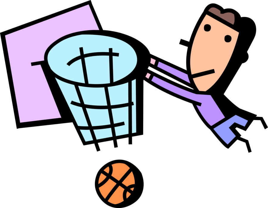 Vector Illustration of Sport of Basketball Game Player Makes Jump Shot with Ball and Hoop Net