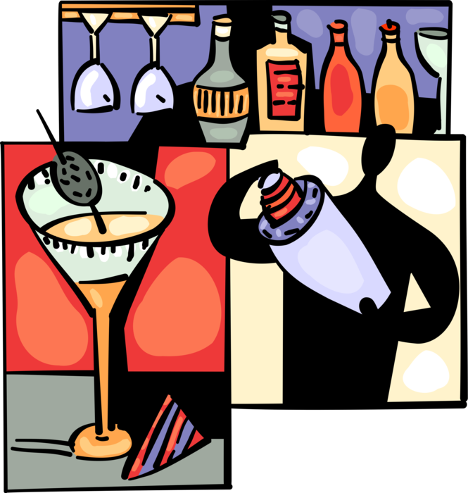 Vector Illustration of Barroom Bartender with Cocktail Shaker Mixing Alcohol Beverage Mixes Martini Drink with Olive