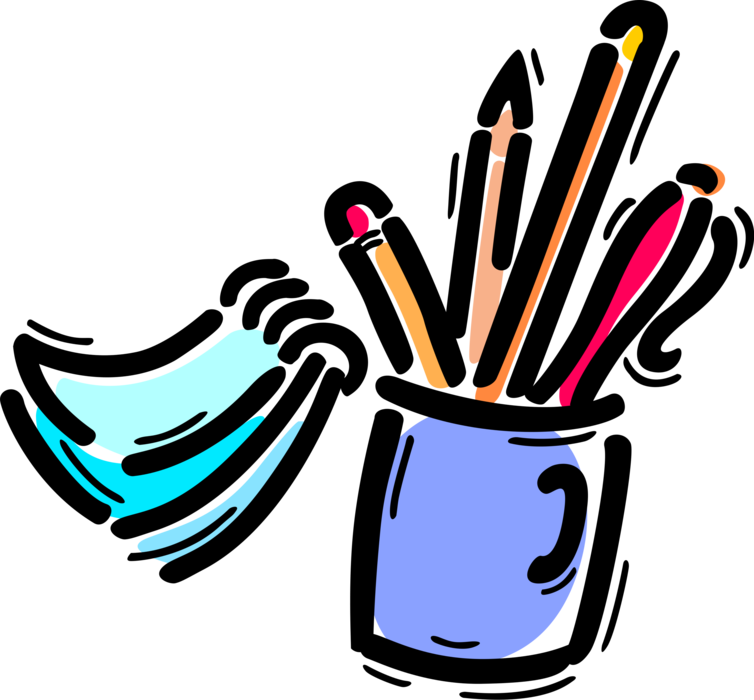 Vector Illustration of Pen and Pencil Writing Instruments in Cup Holder
