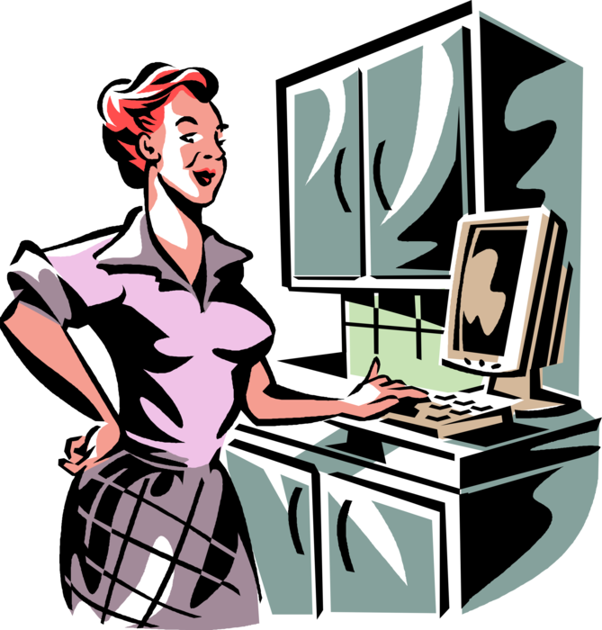 Vector Illustration of Housewife Uses Computer to Access Internet in Kitchen