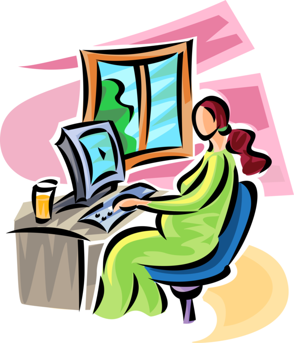 Vector Illustration of Pregnant Expectant Mother Works at Home Computer