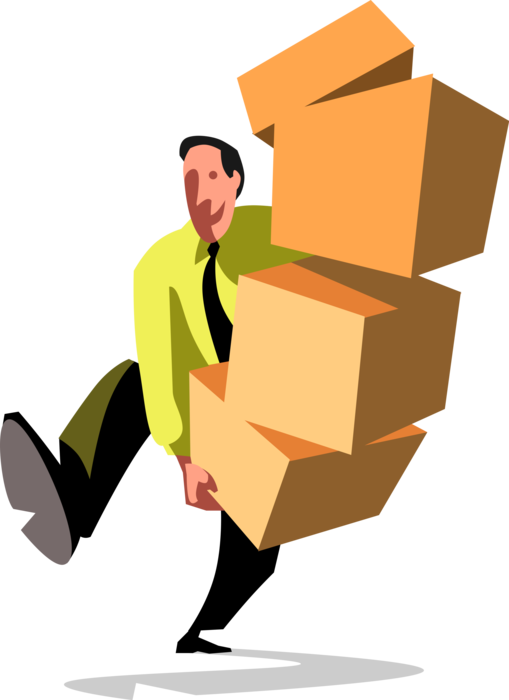 Vector Illustration of Businessman Carries Stack of Cardboard Boxes