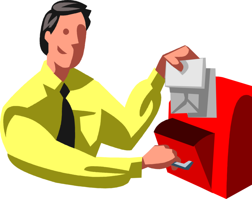 Vector Illustration of Businessman Drops Off Letter Mail Envelopes in Letter Box or Mailbox Receptacle